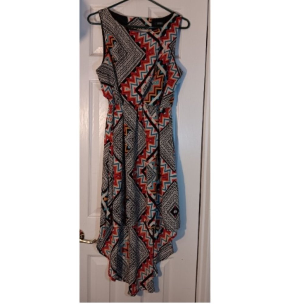 Cure mutli colored hi-low dress with partially open back size large